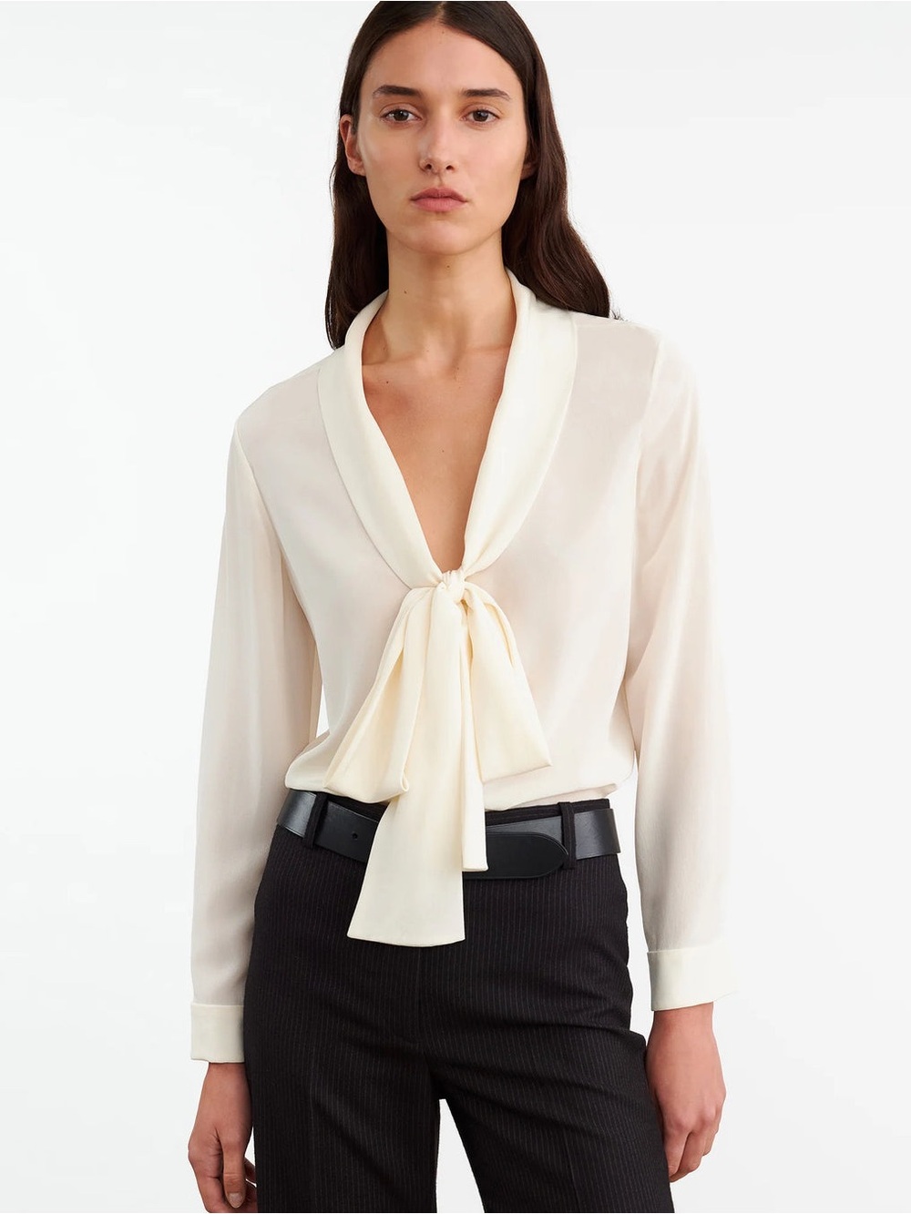 Nili Lotan Angelique Silk Tie Neck Blouse Ivory White Cream Long Sleeve XS